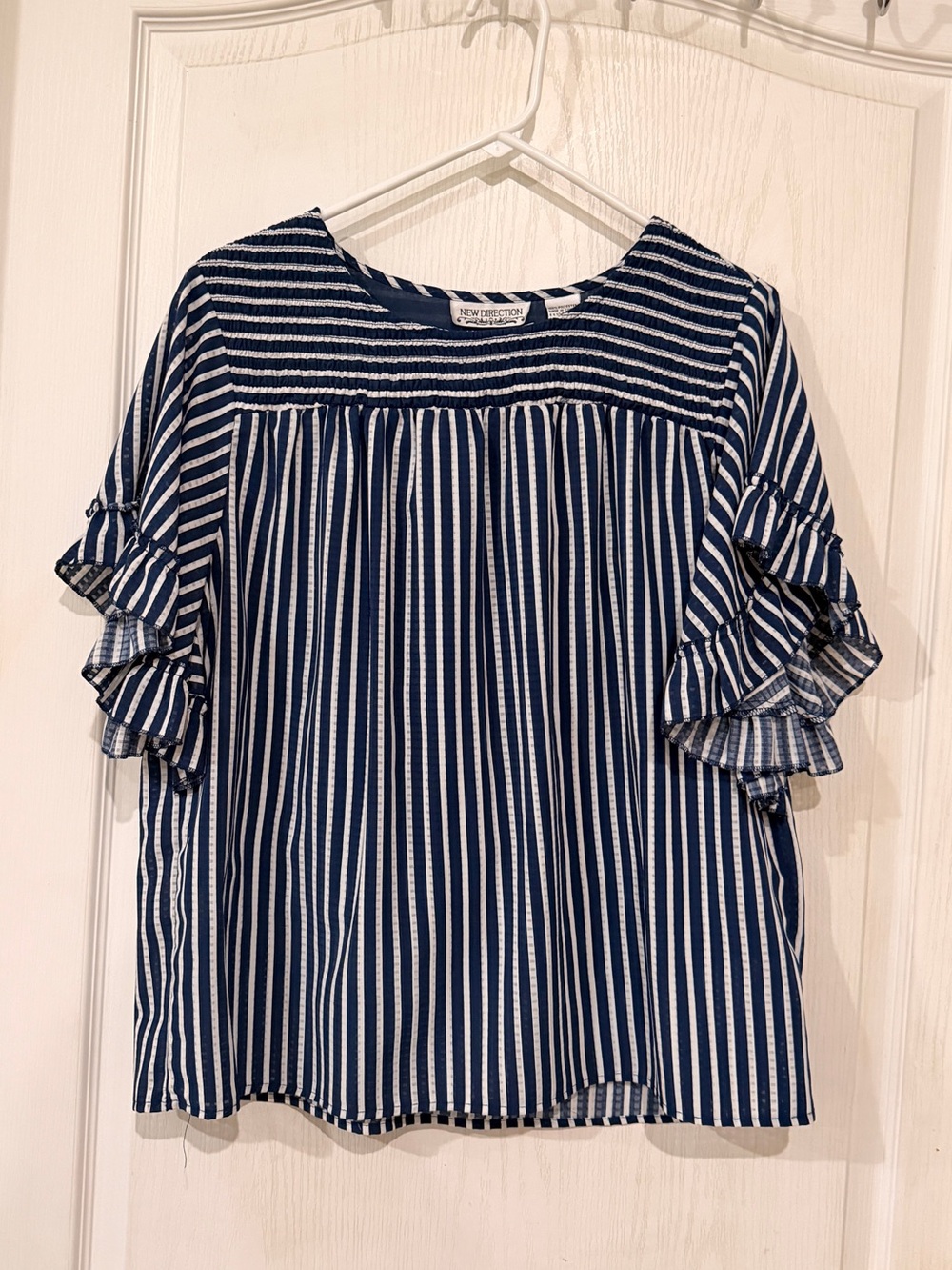 new directions Navy & White Striped Ruffle Sleeve Top